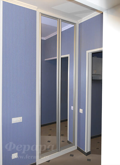 Встроенный двухдверный распашной шкаф в прихожую с зеркалом, глубиной 55см, фото 1