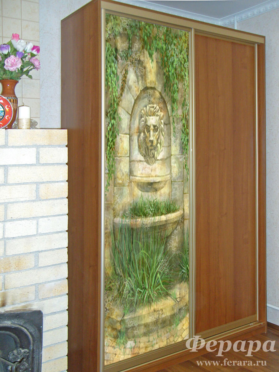 Корпусный шкаф-купе в цвете «Вишня» с фреской